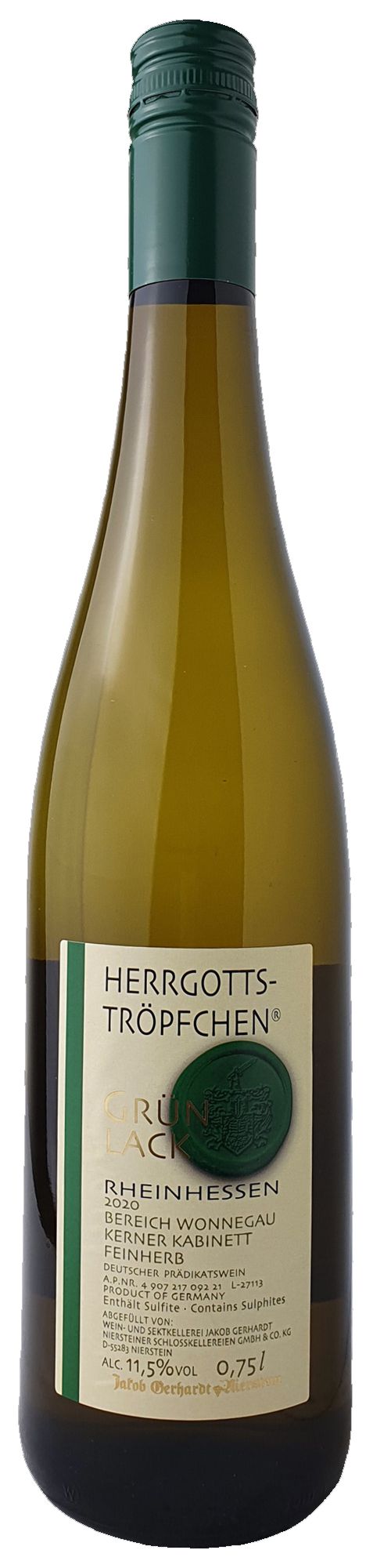 Bereich Wonnegau Kerner Kabinett feinherb Herrgotts-Tröpfchen Grün-Lack